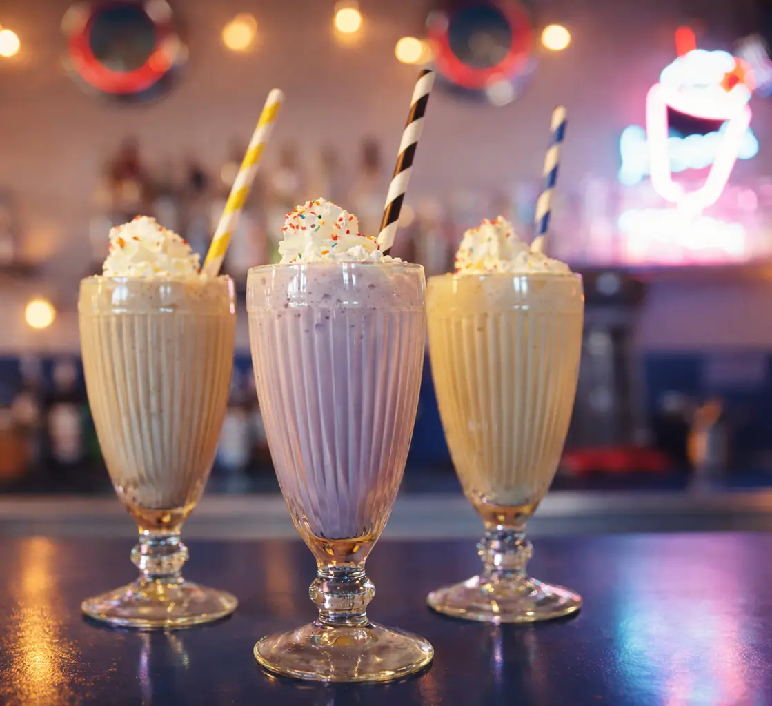 Drei Milkshakes im Retro-Diner von Jaroons: Coffee Tiramisu, Cherry Bliss und Peanut Butter Shake mit Sahne in hohen Gläsern.